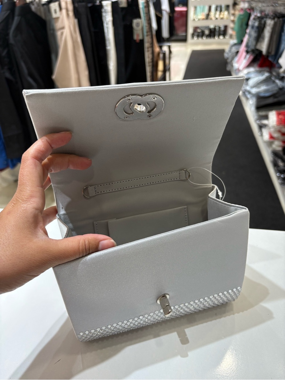 Silver Crystal Crossbody Clutch with Interlocking Ring Detail - Picture 6 of 7